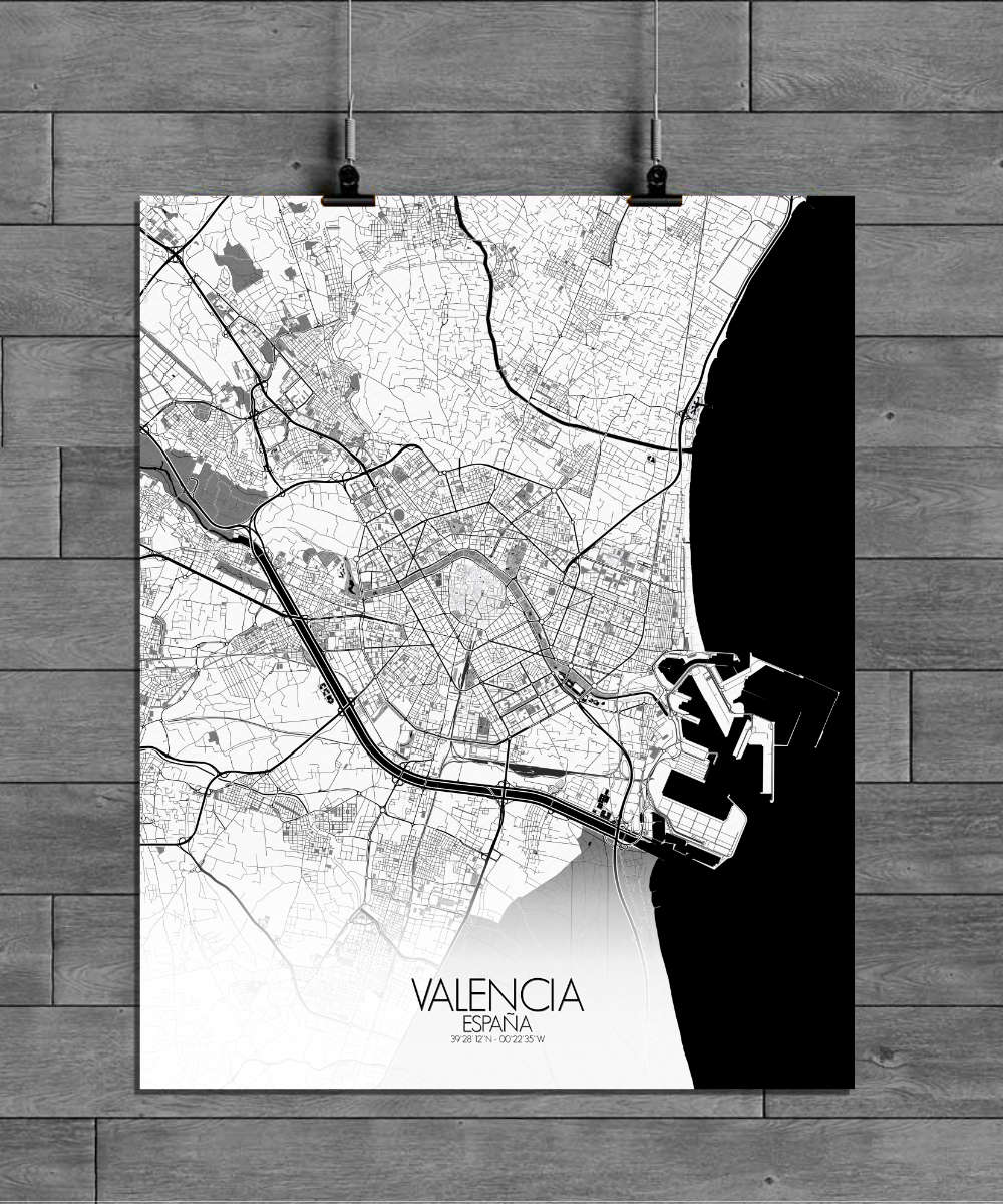 Mapospheres Valencia Black and White full page design poster affiche city map