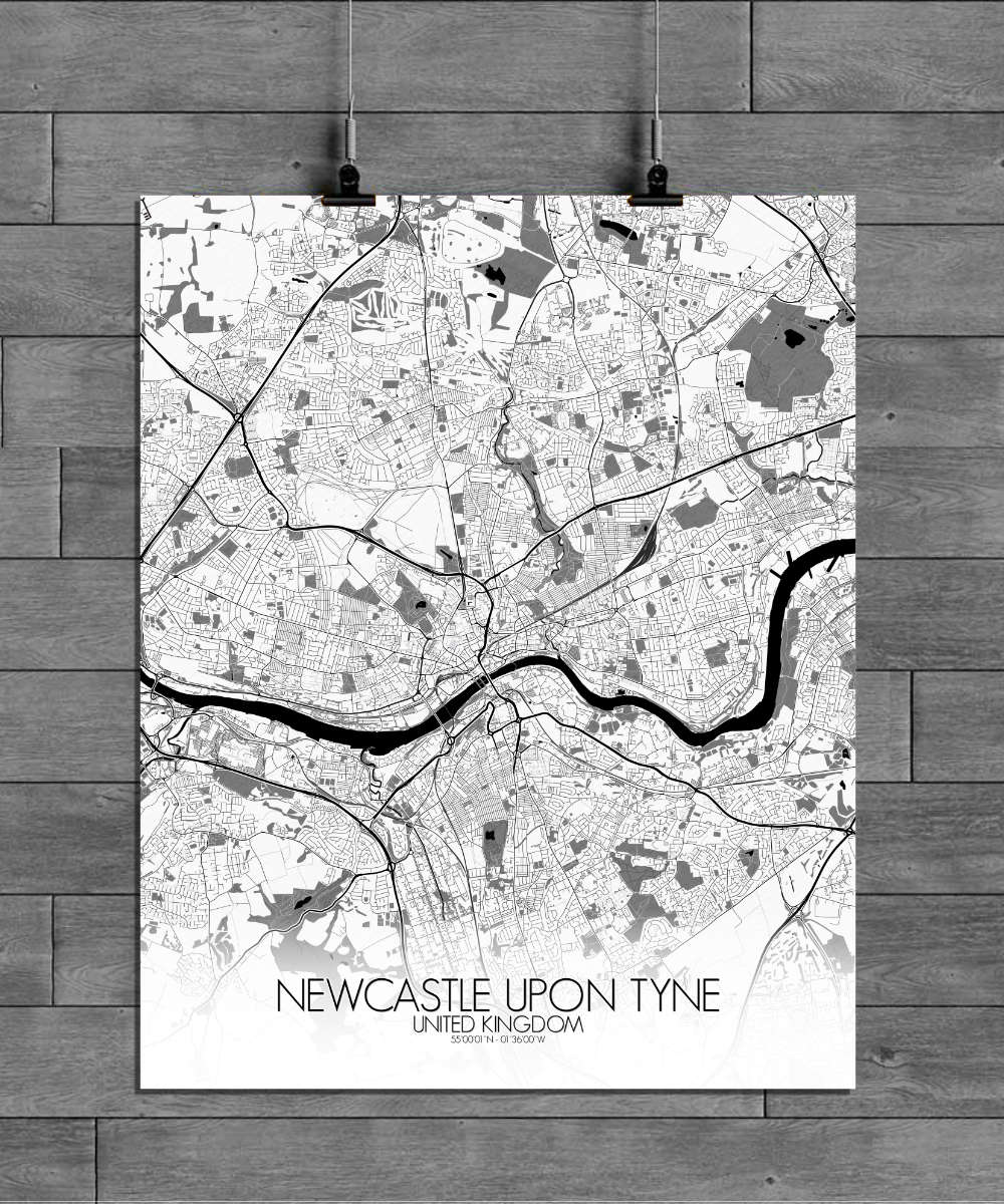 Mapospheres Newcastle Black and White full page design poster city map
