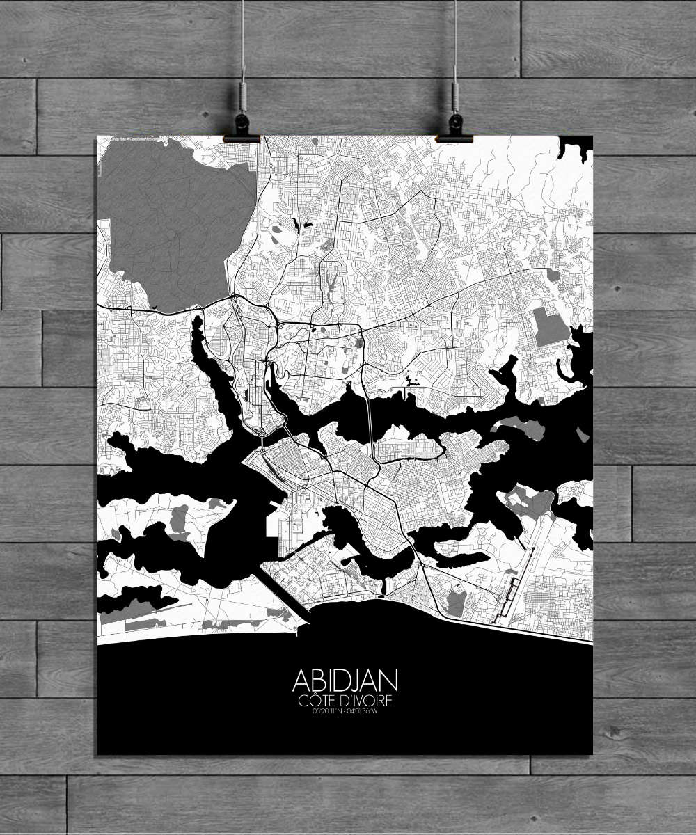 Mapospheres Abidjan Black and White full page design poster city map
