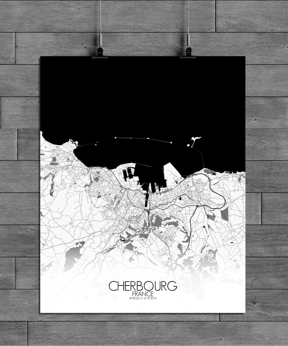 Mapospheres Cherbourg Black and White full page design poster city map