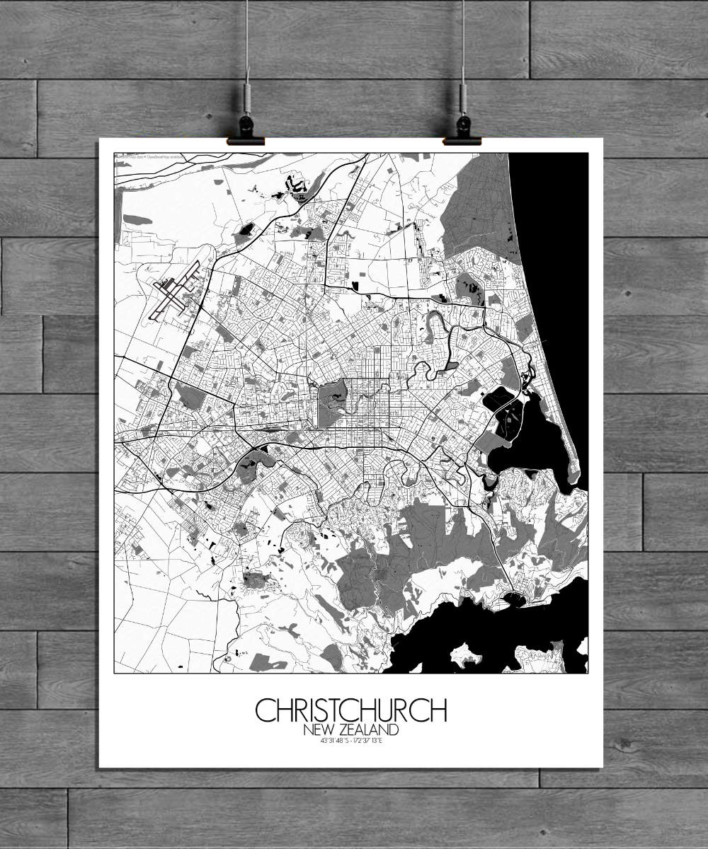 Mapospheres Christchurch Black and White full page design poster city map
