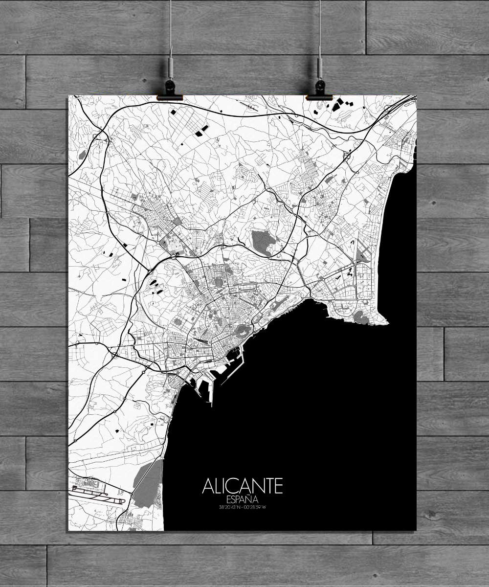 Mapospheres Alicante Black and White full page design poster affiche city map