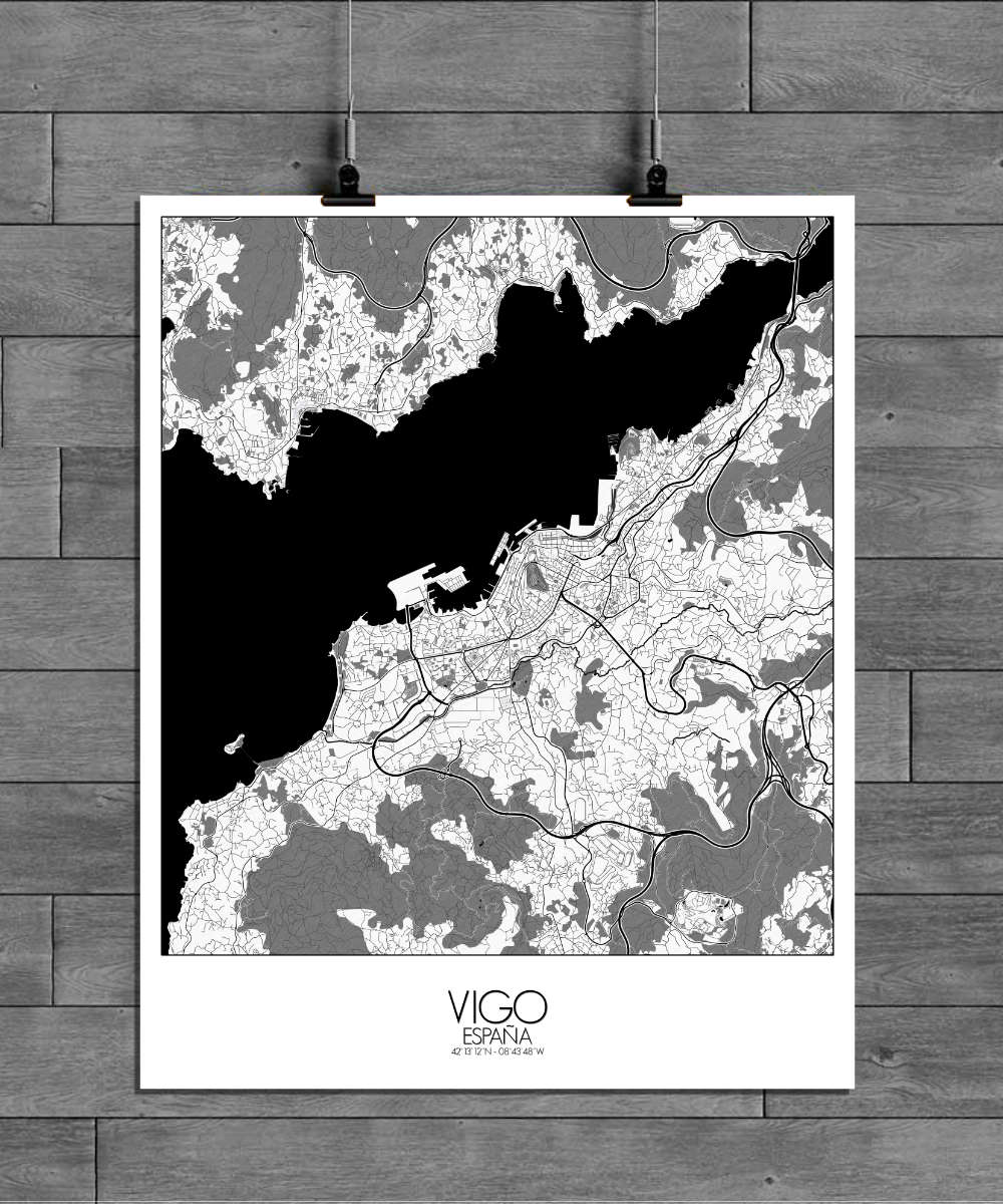 Mapospheres Vigo Black and White full page design poster affiche city map