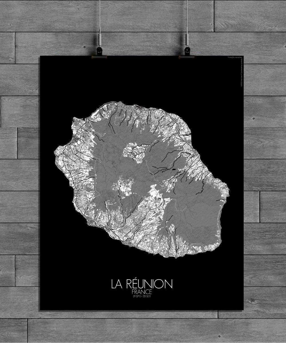 Mapospheres La Reunion Black and White full page design poster city map