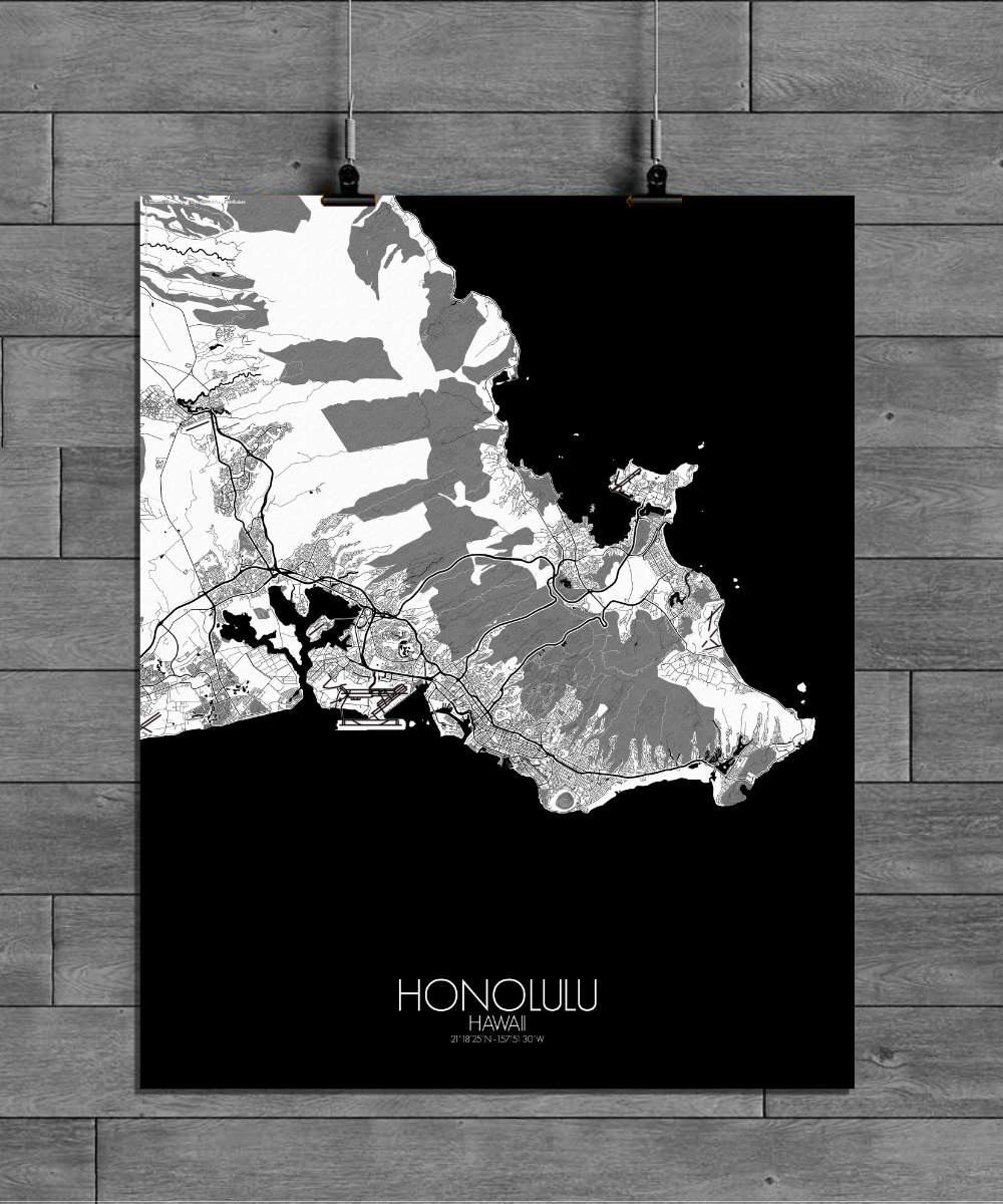 Mapospheres Honolulu Black and White full page design poster city map