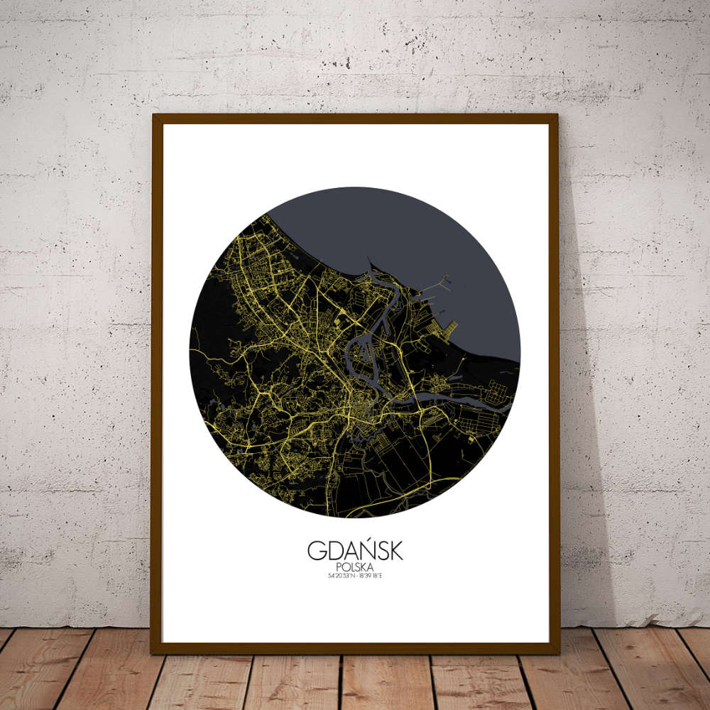 Mapospheres Gdansk Night round shape design poster affiche city map