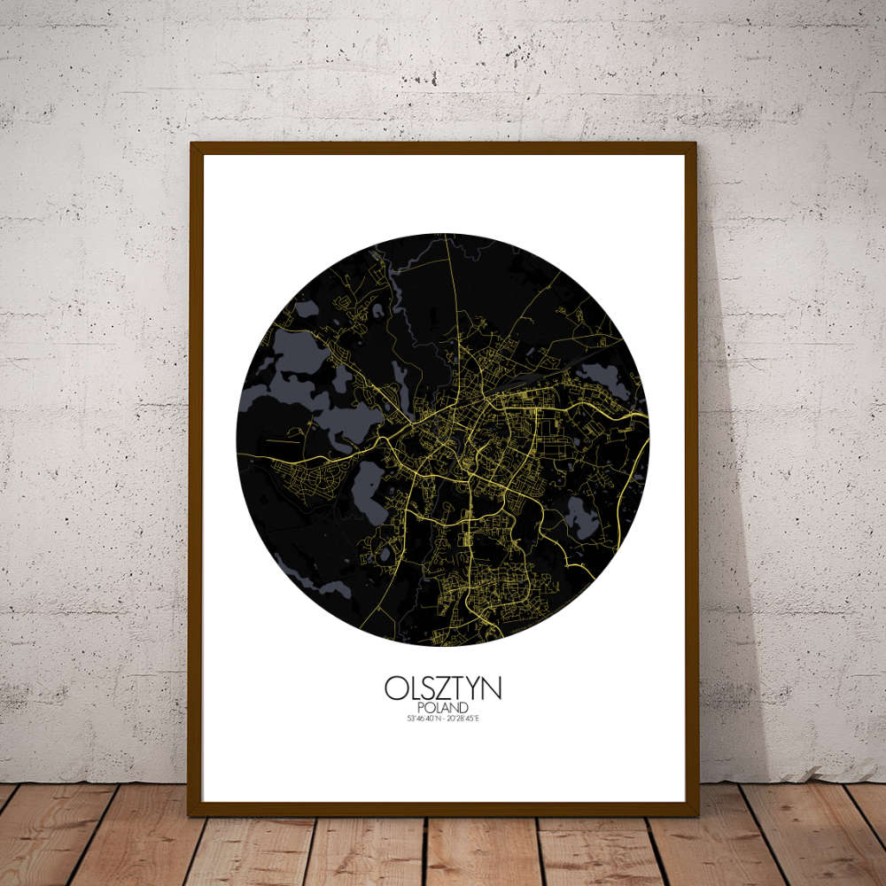 Mapospheres Olsztyn Night round shape design poster city map