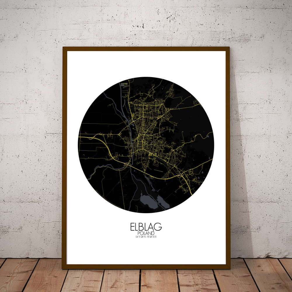 Mapospheres Elblag Night round shape design poster city map