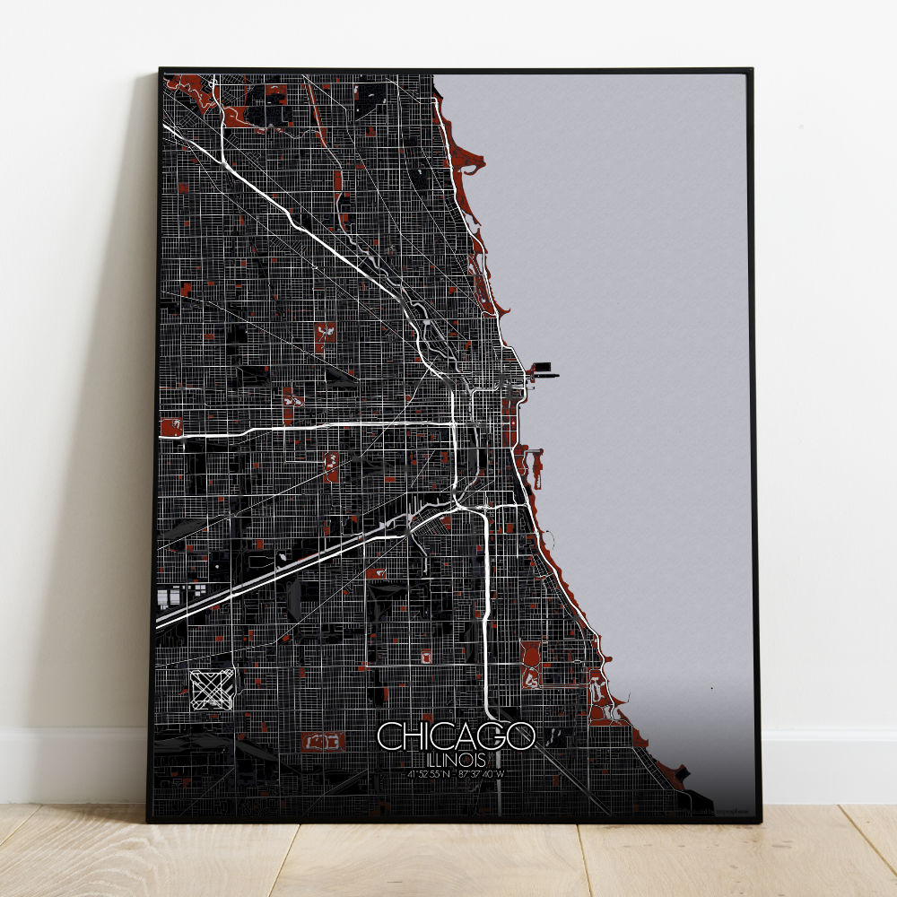 Mapospheres Chicago Red dark full page design canvas city map