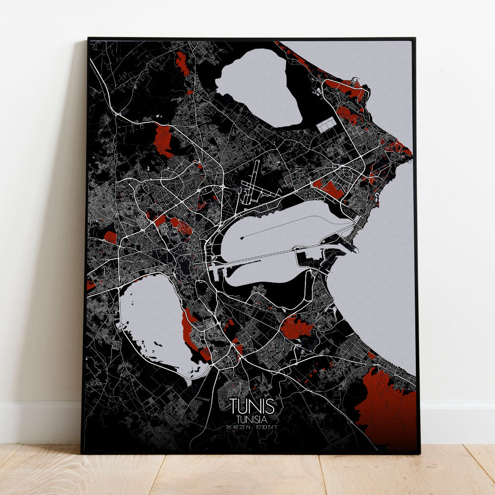 Mapospheres Tunis Red dark round shape design poster city map