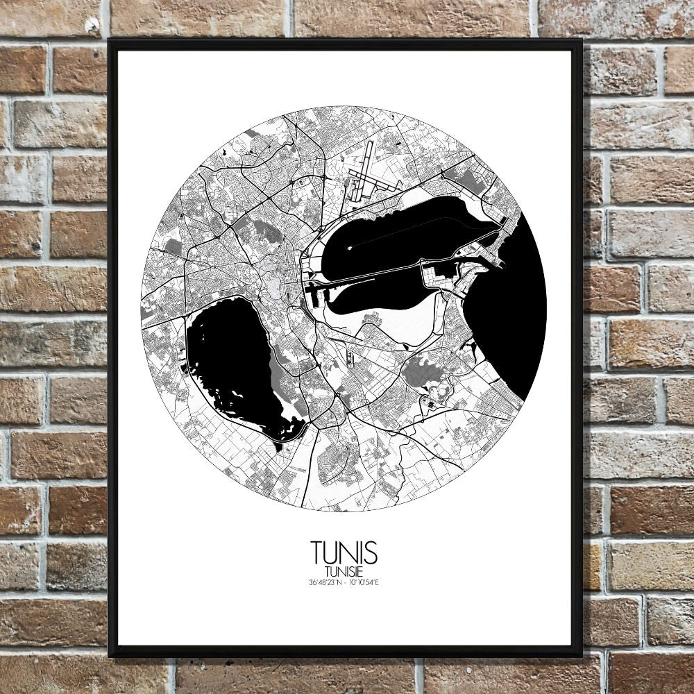 Mapospheres Tunis Black and White round shape design poster city map