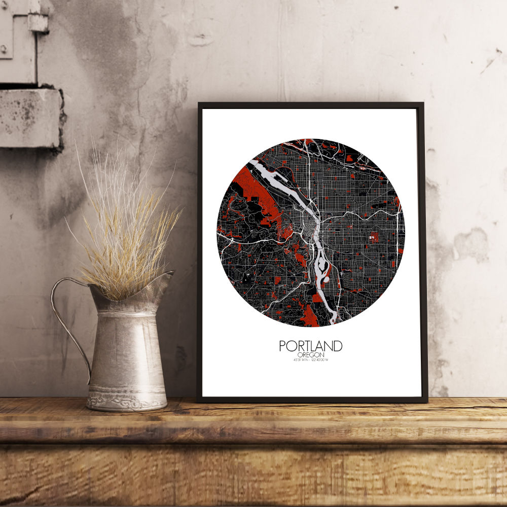 Mapospheres Portland Red dark round shape design poster city map