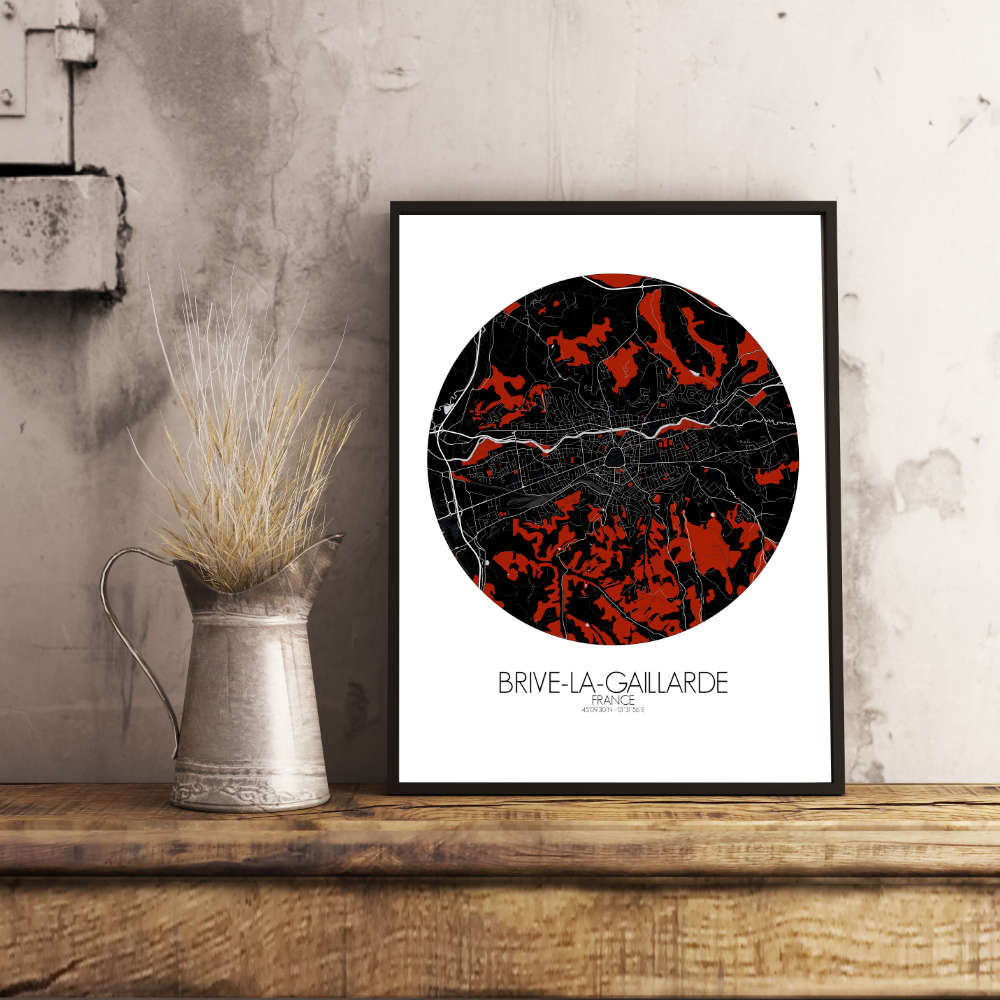 Mapospheres Brive Red dark round shape design poster affiche city map