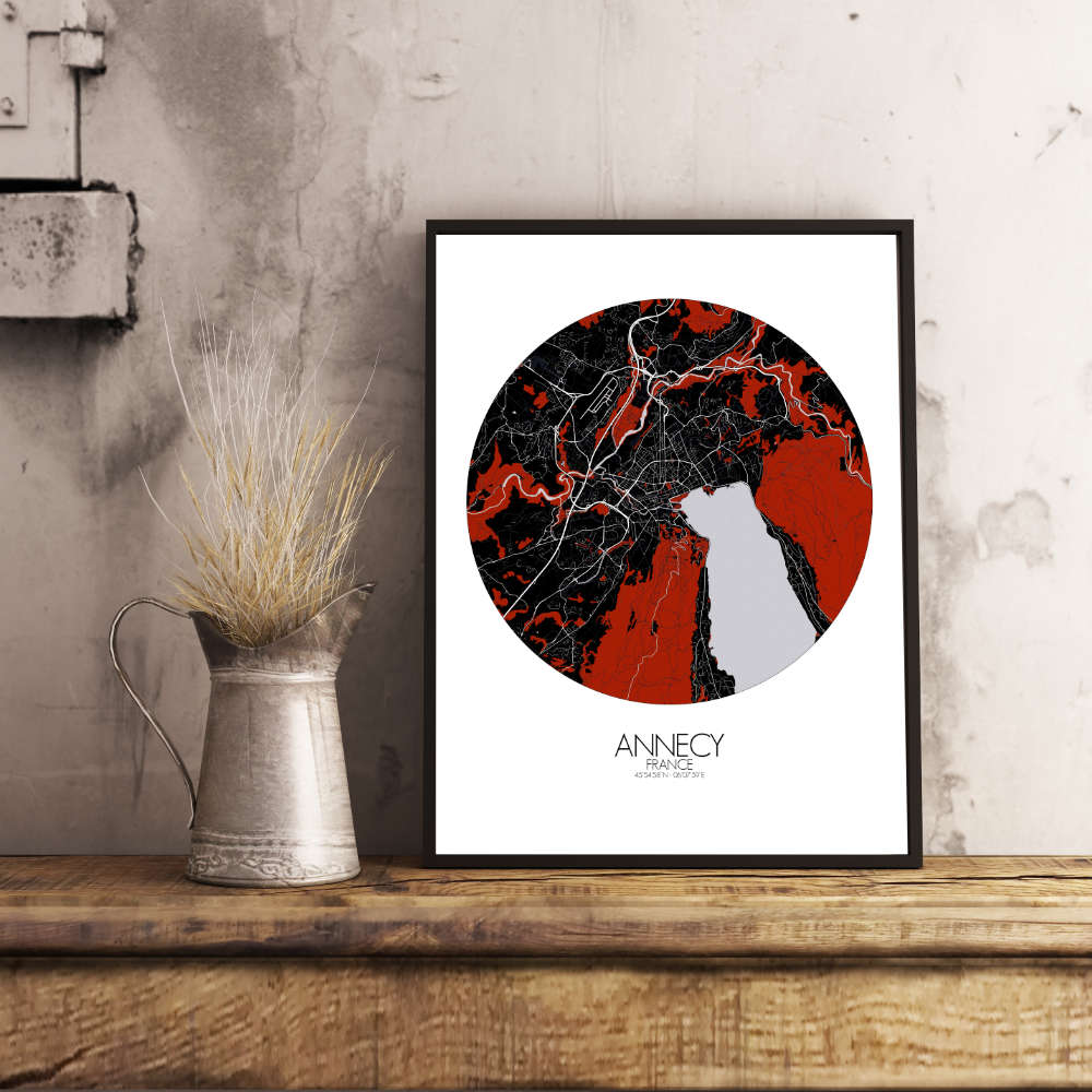 Mapospheres Annecy Red dark round shape design poster city map