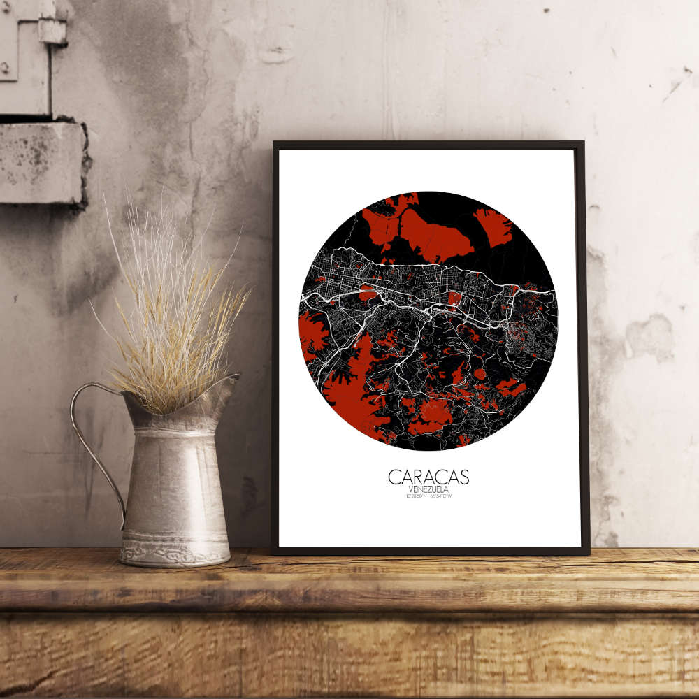 Mapospheres Caracas Red dark round shape design poster city map