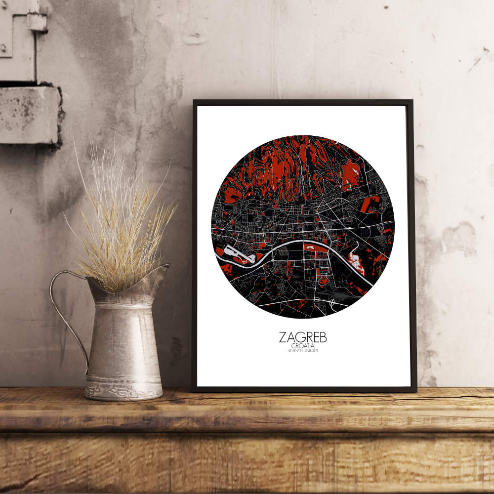 Mapospheres Zagreb Red dark round shape design poster city map