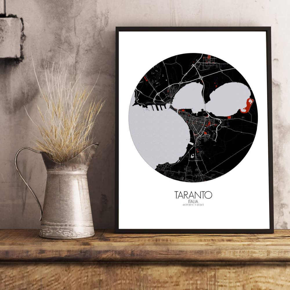 Mapospheres Taranto Red dark round shape design poster city map