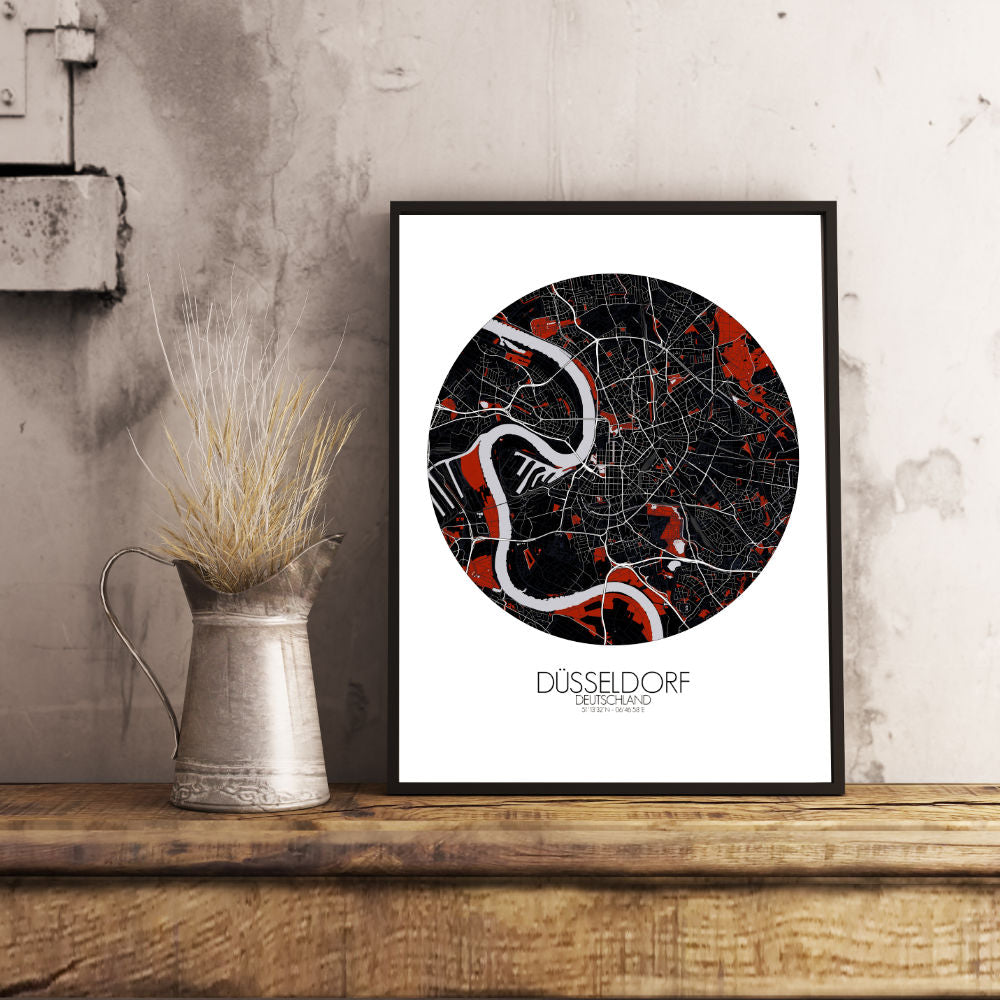 Mapospheres Dusseldorf Red dark round shape design poster city map
