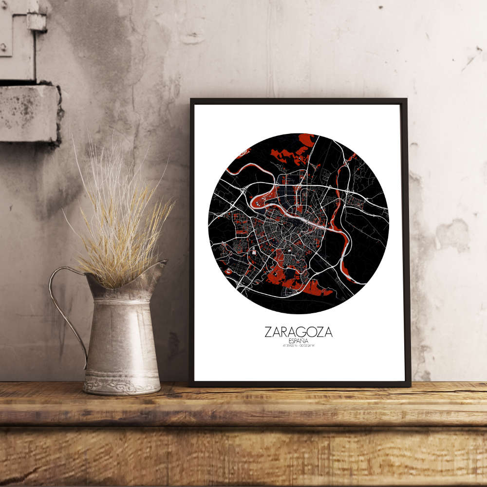 Mapospheres Zaragoza Red dark round shape design poster affiche city map