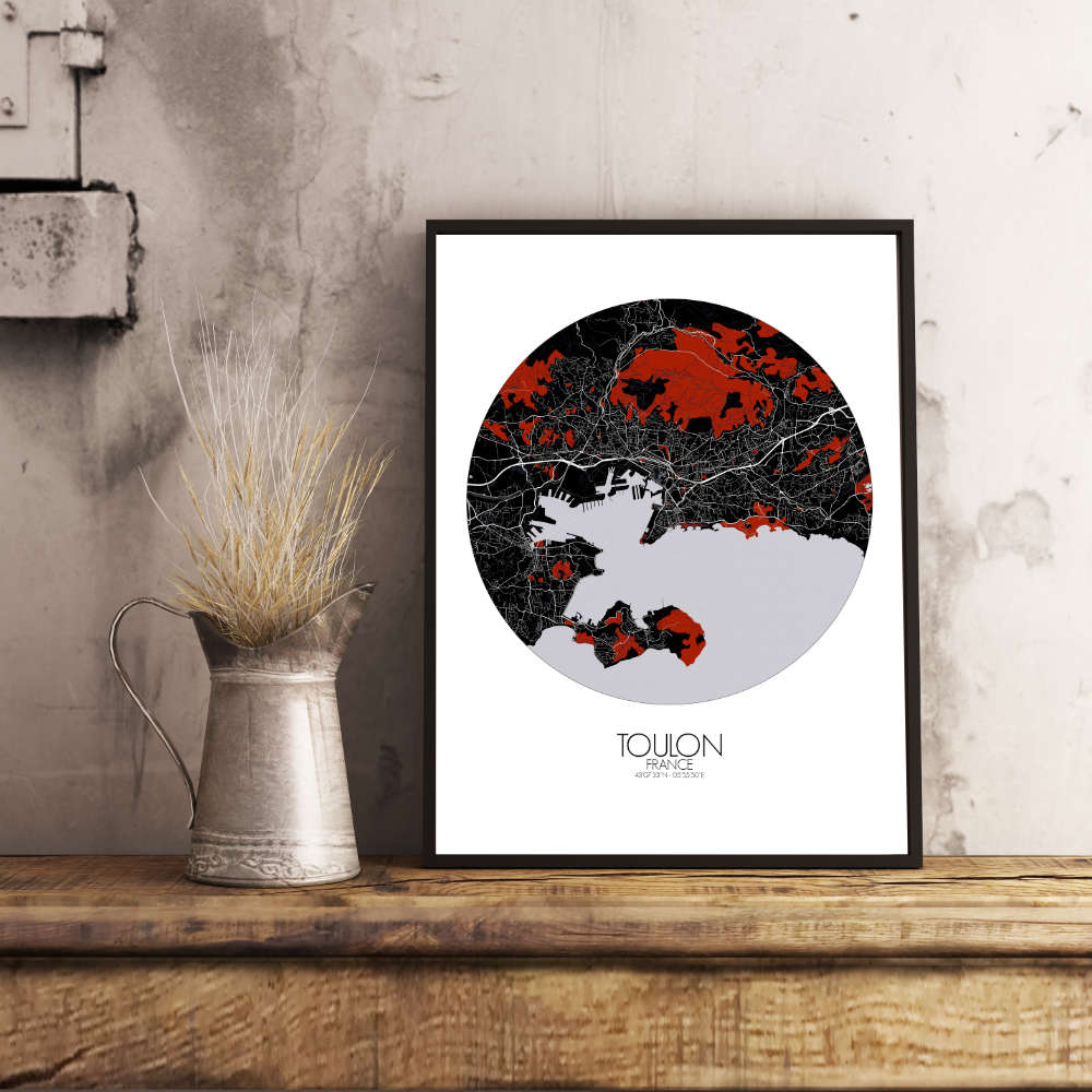 Mapospheres Toulon Red dark round shape design poster city map