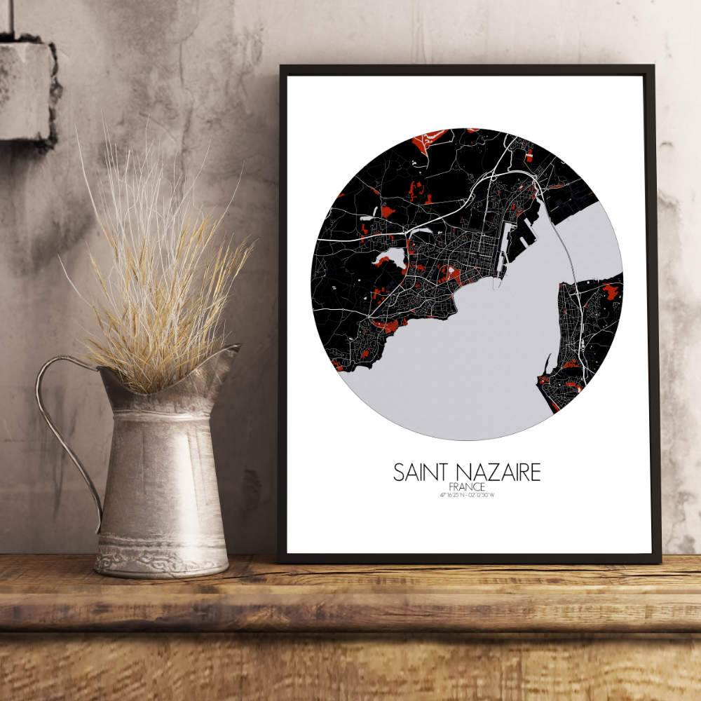 Mapospheres Saint Nazaire Red dark round shape design poster city map
