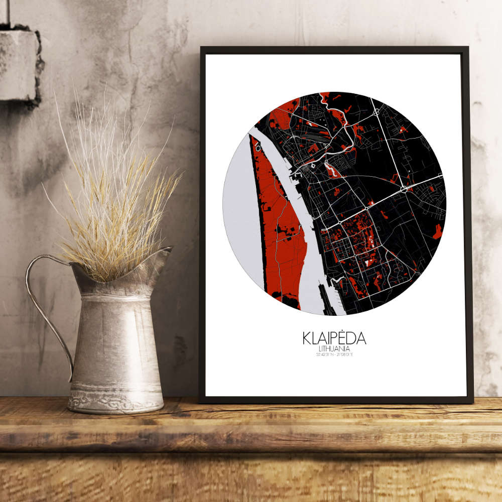 Mapospheres Klaipeda Red dark round shape design poster city map