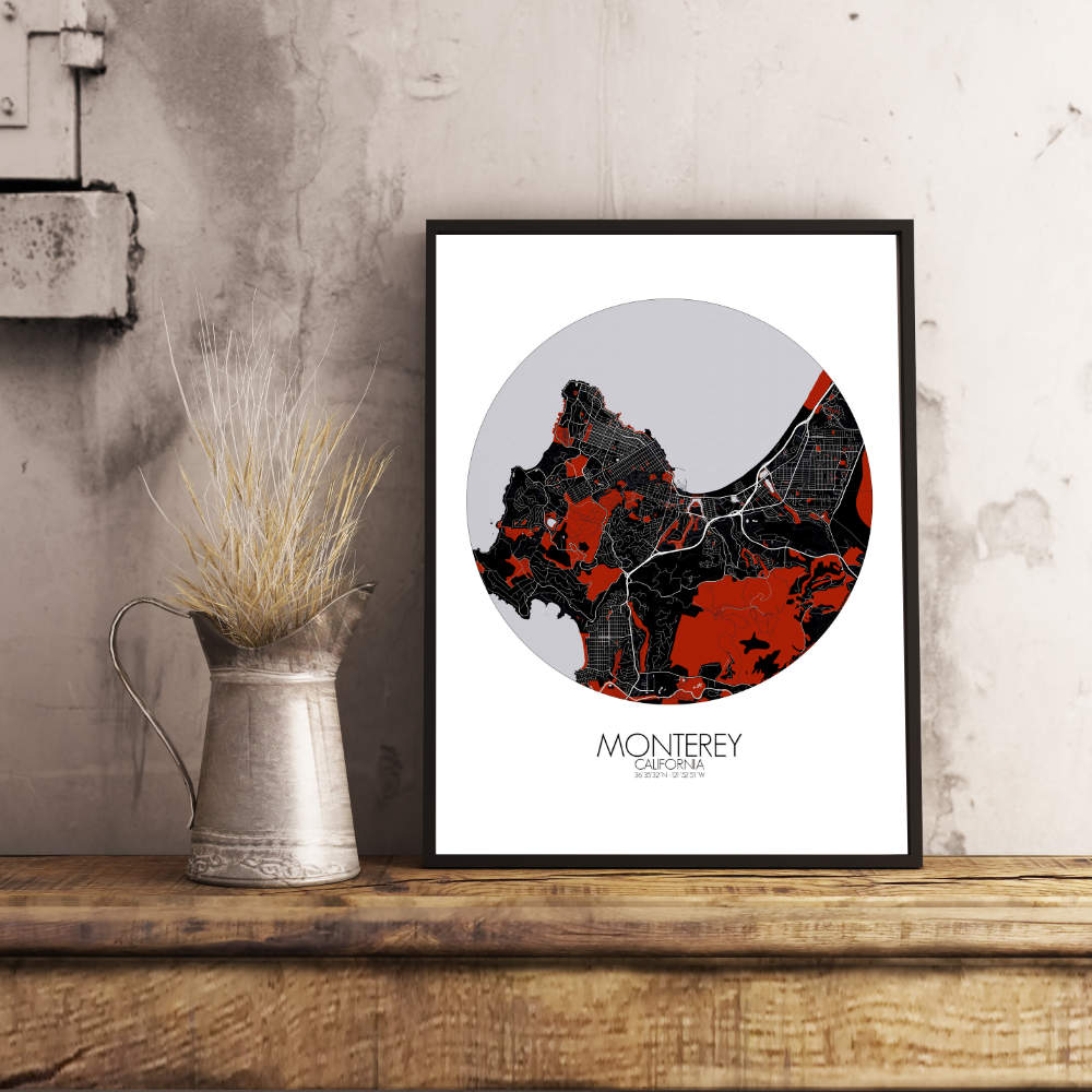 Mapospheres Monterey Red dark round shape design poster city map