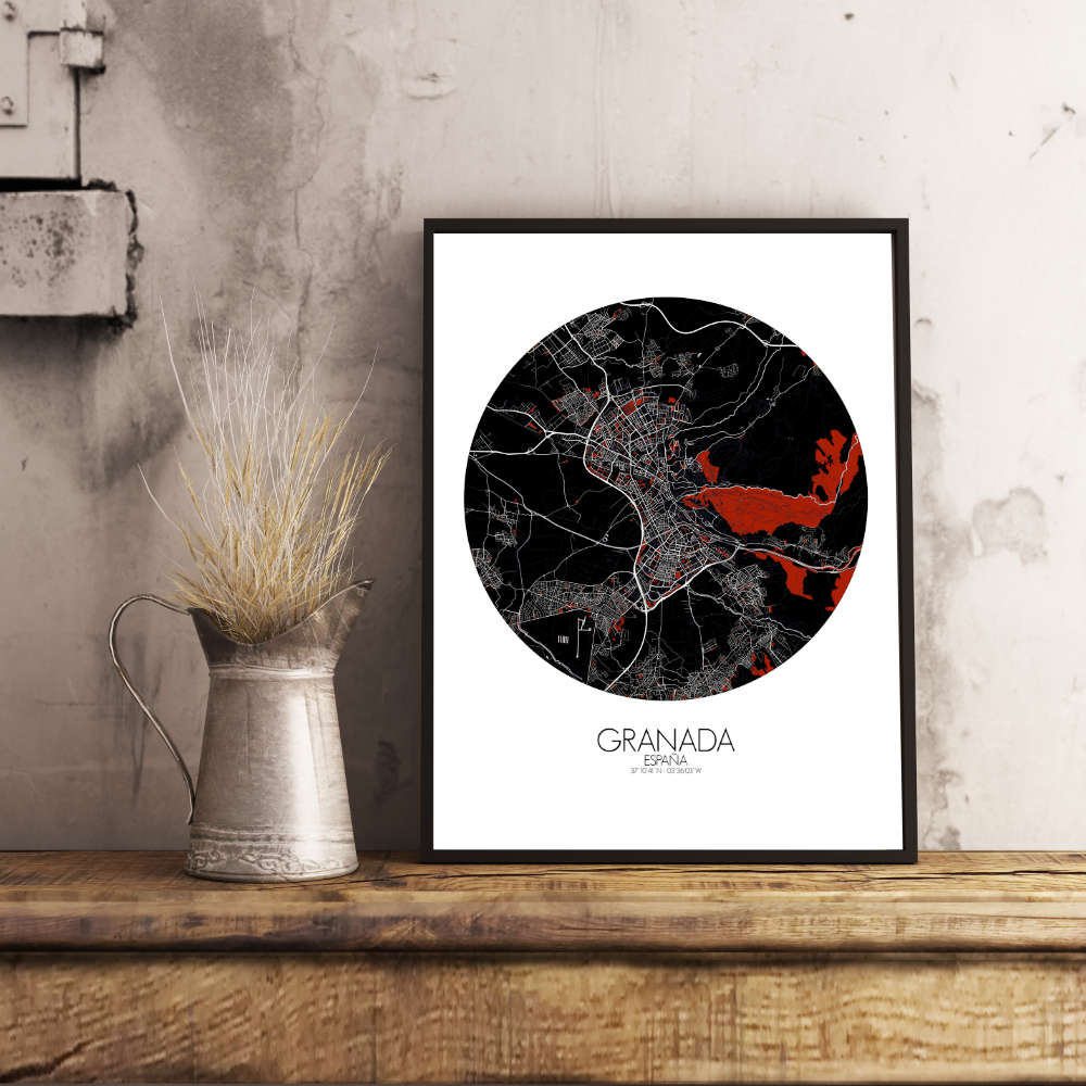Mapospheres Granada Red dark round shape design poster affiche city map