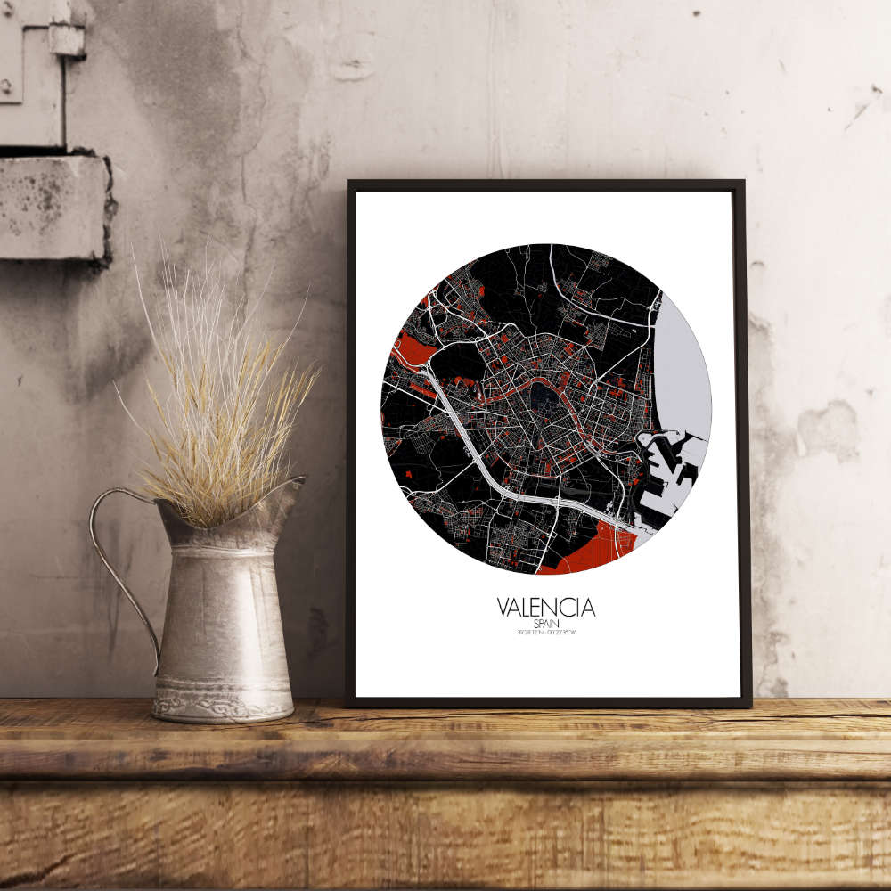 Mapospheres Valencia Red dark round shape design poster affiche city map