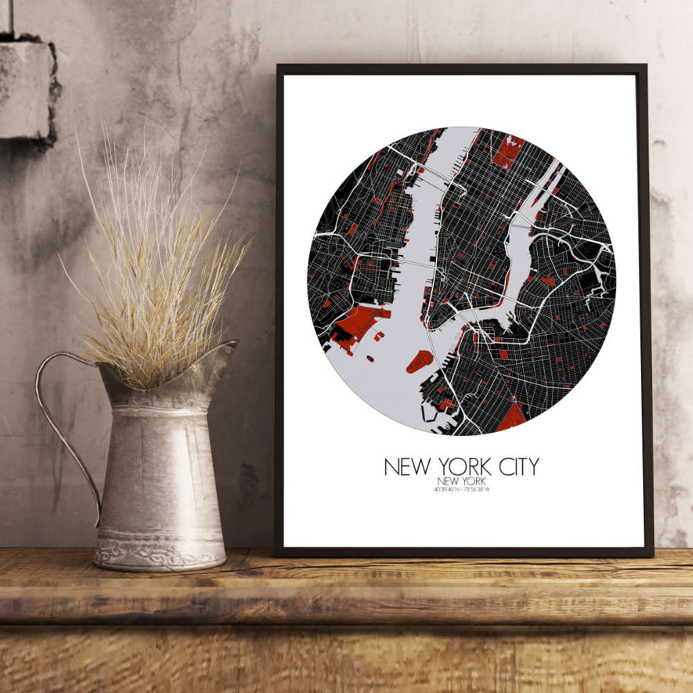 Mapospheres New York Red dark round shape design poster affiche city map