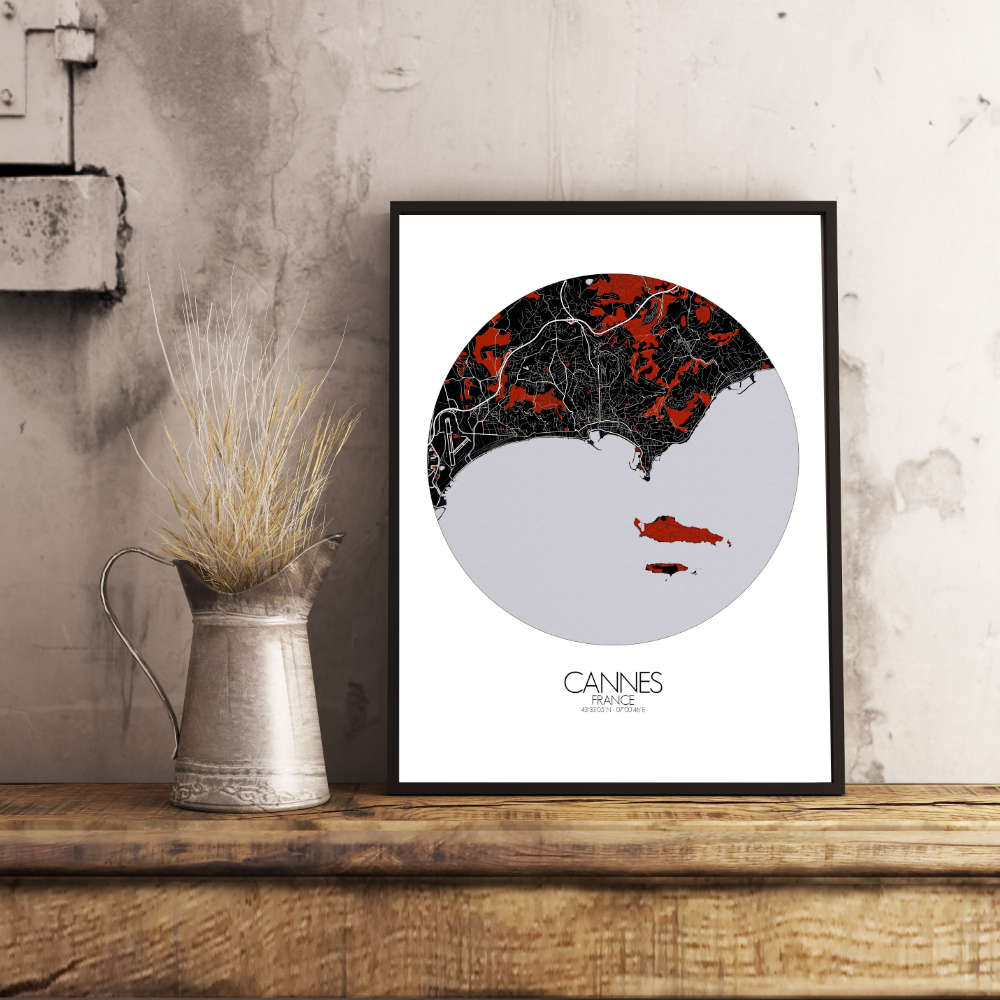 Mapospheres Cannes Red dark round shape design poster city map