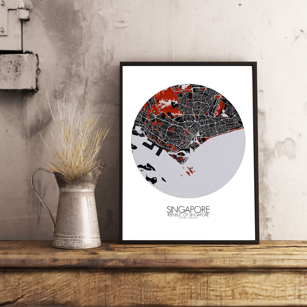 Mapospheres Siingapore Red dark round shape design poster city map