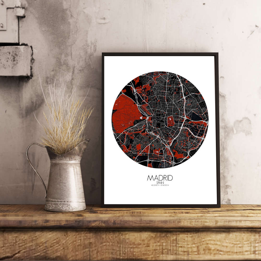 Mapospheres Madrid Red dark round shape design poster affiche city map