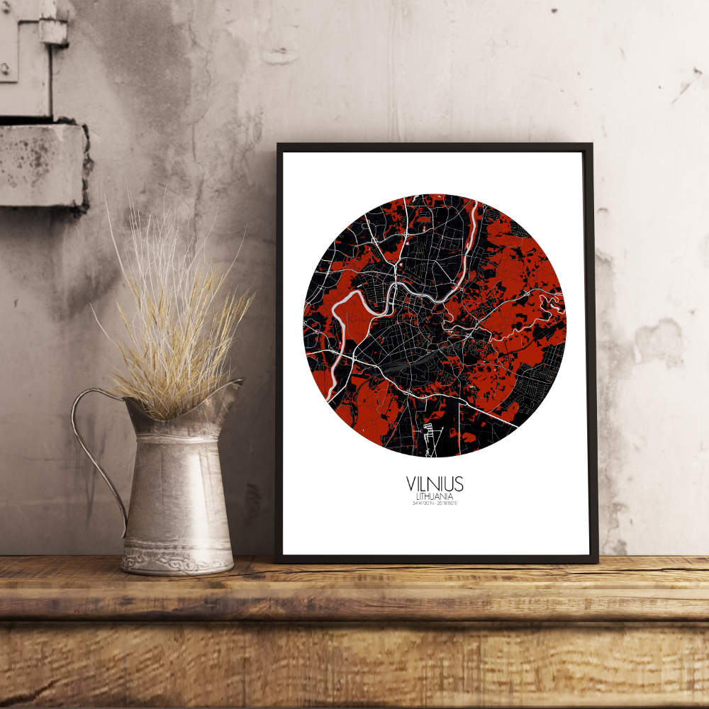 Mapospheres Vilnius Red dark round shape design poster city map