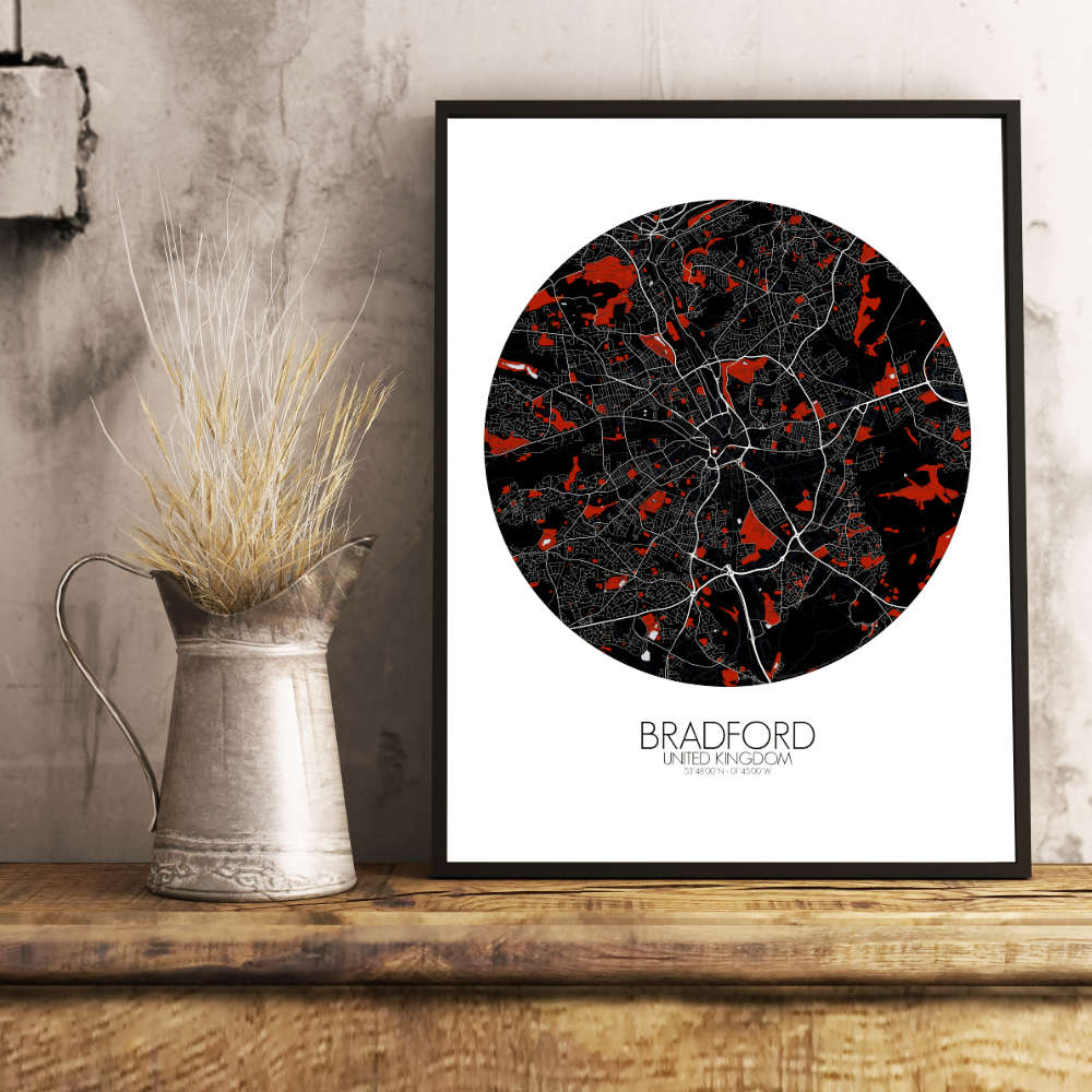 Mapospheres Bradford Red dark round shape design poster city map