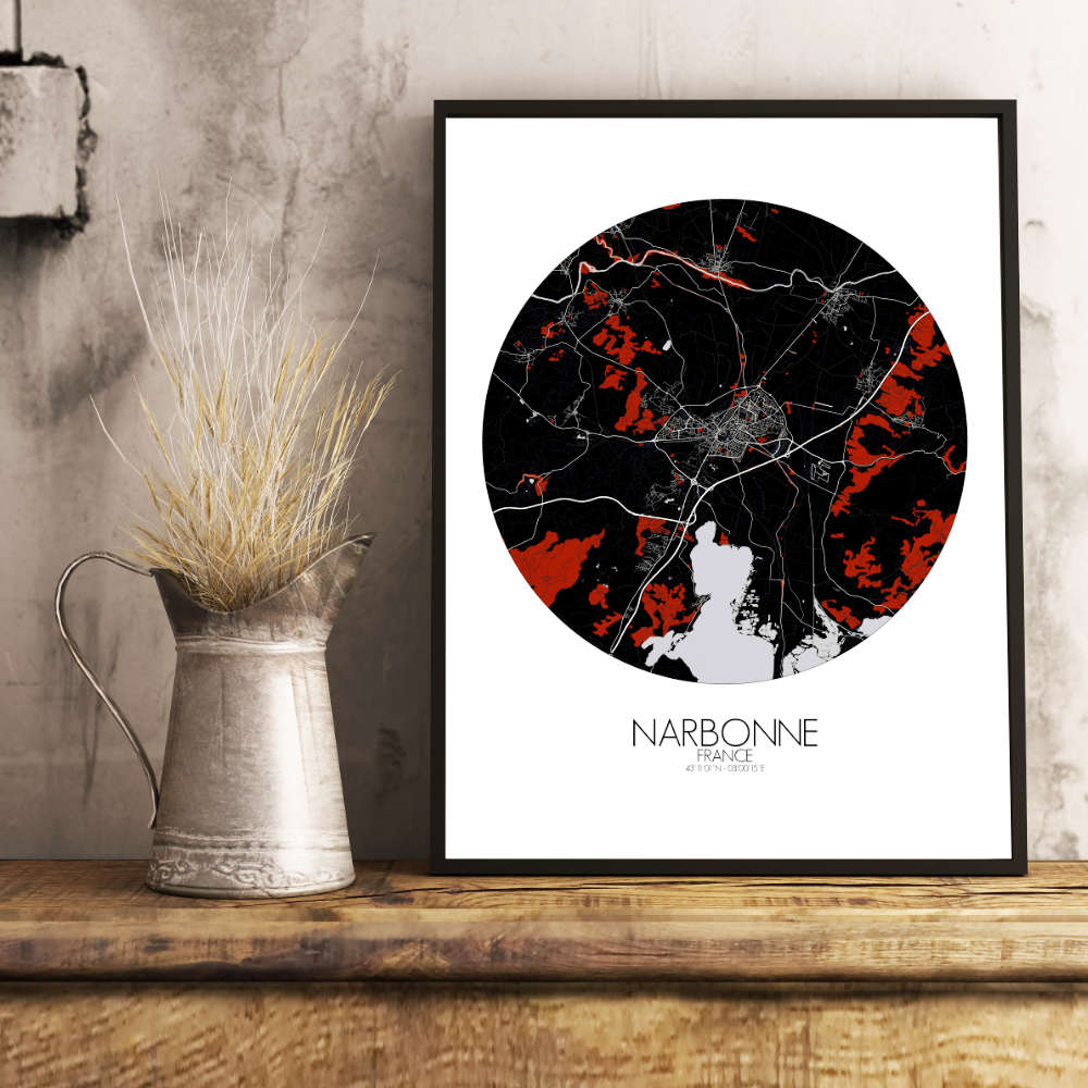 Mapospheres Narbonne Red dark round shape design poster city map