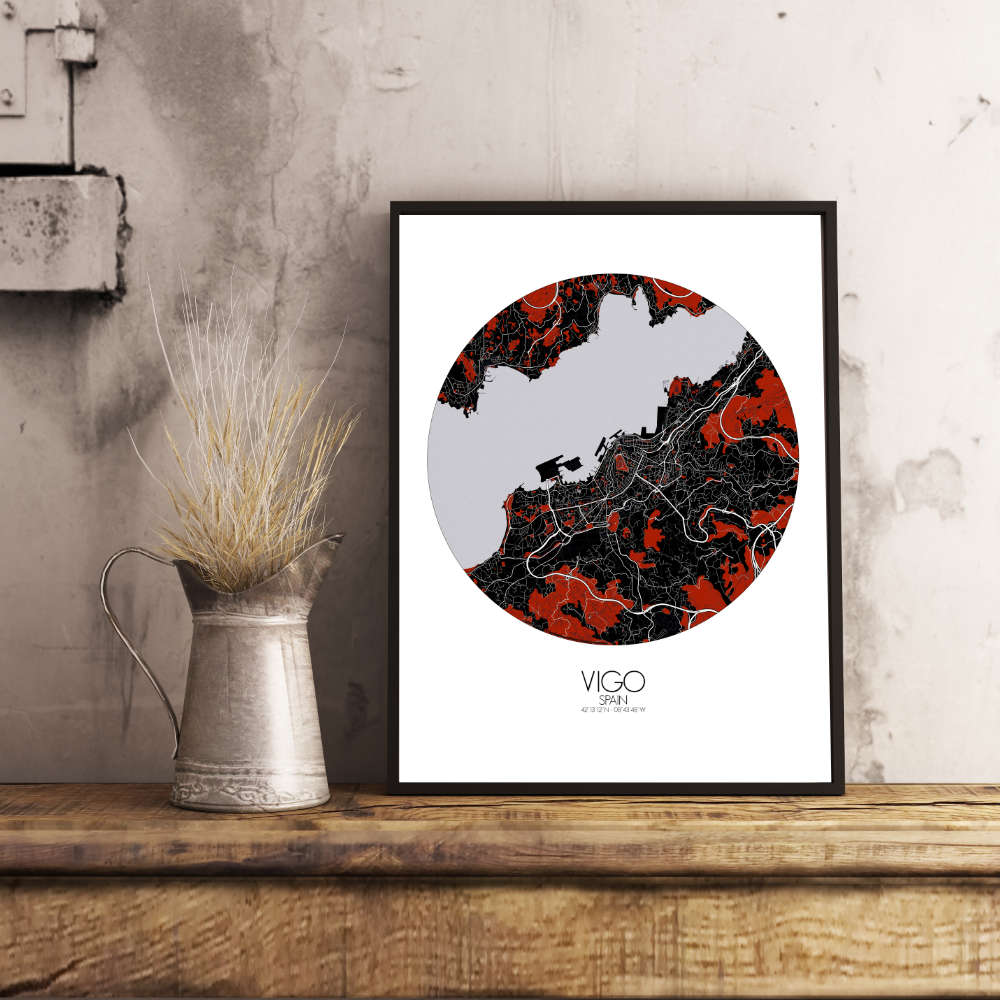 Mapospheres Vigo Red dark round shape design poster affiche city map