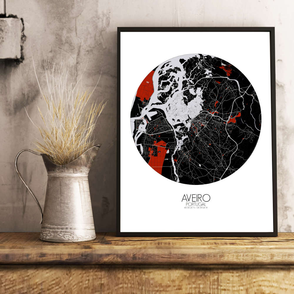 Mapospheres Aveiro Red dark round shape design poster city map