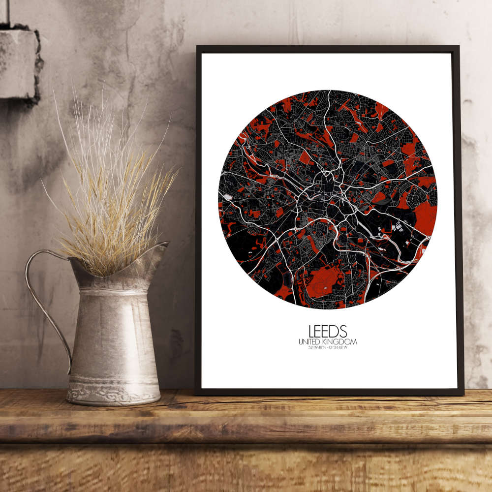 Mapospheres Leeds Red dark round shape design poster city map