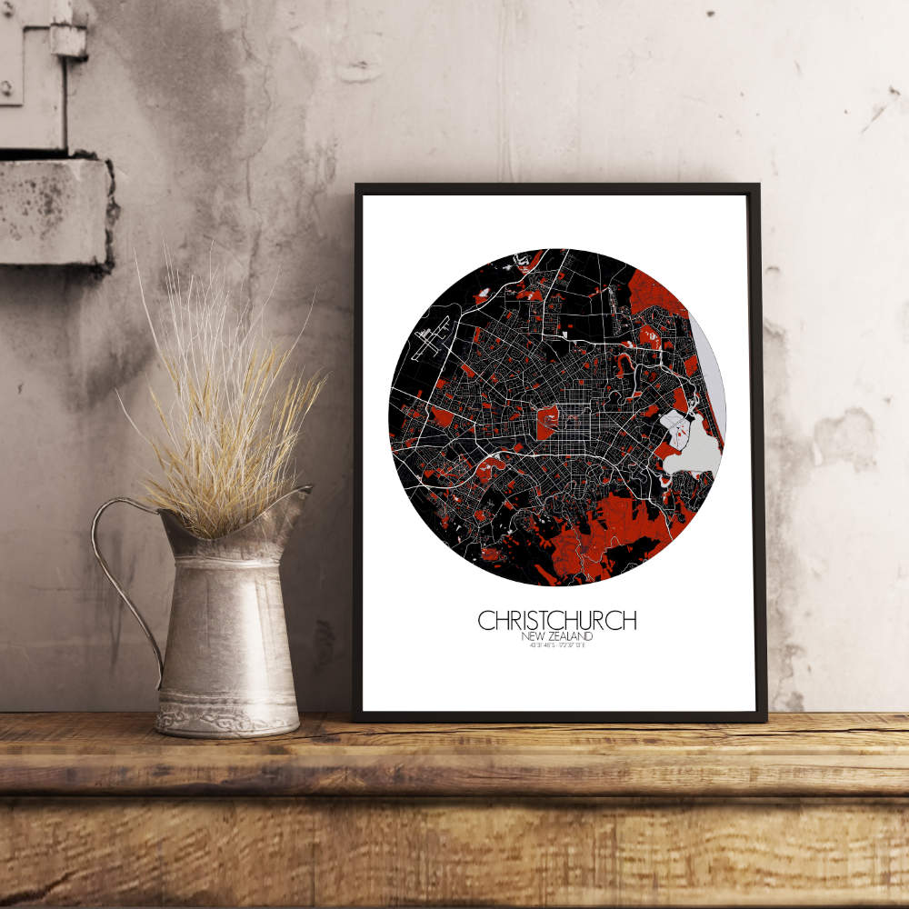Mapospheres Christchurch Red dark round shape design poster city map