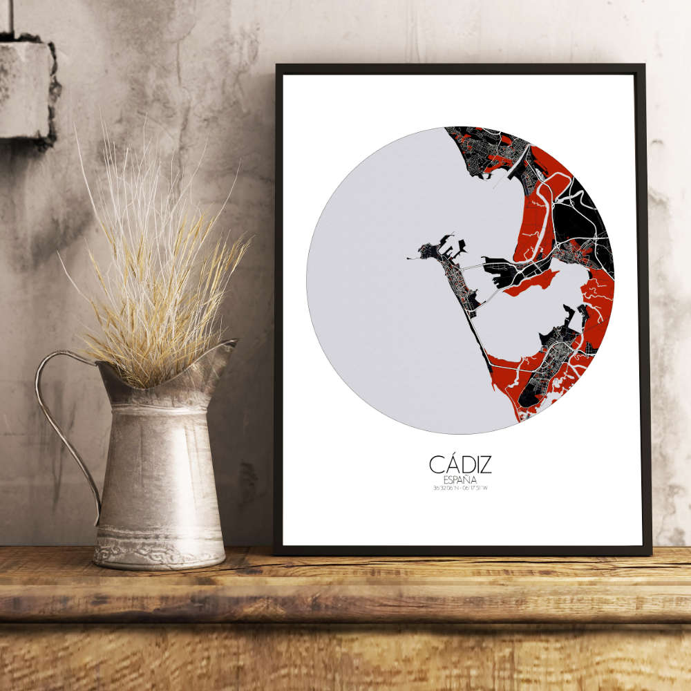 Mapospheres Cadiz Red dark round shape design poster city map