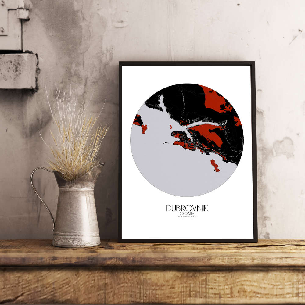 Mapospheres Dubrovnik Red dark round shape design poster city map
