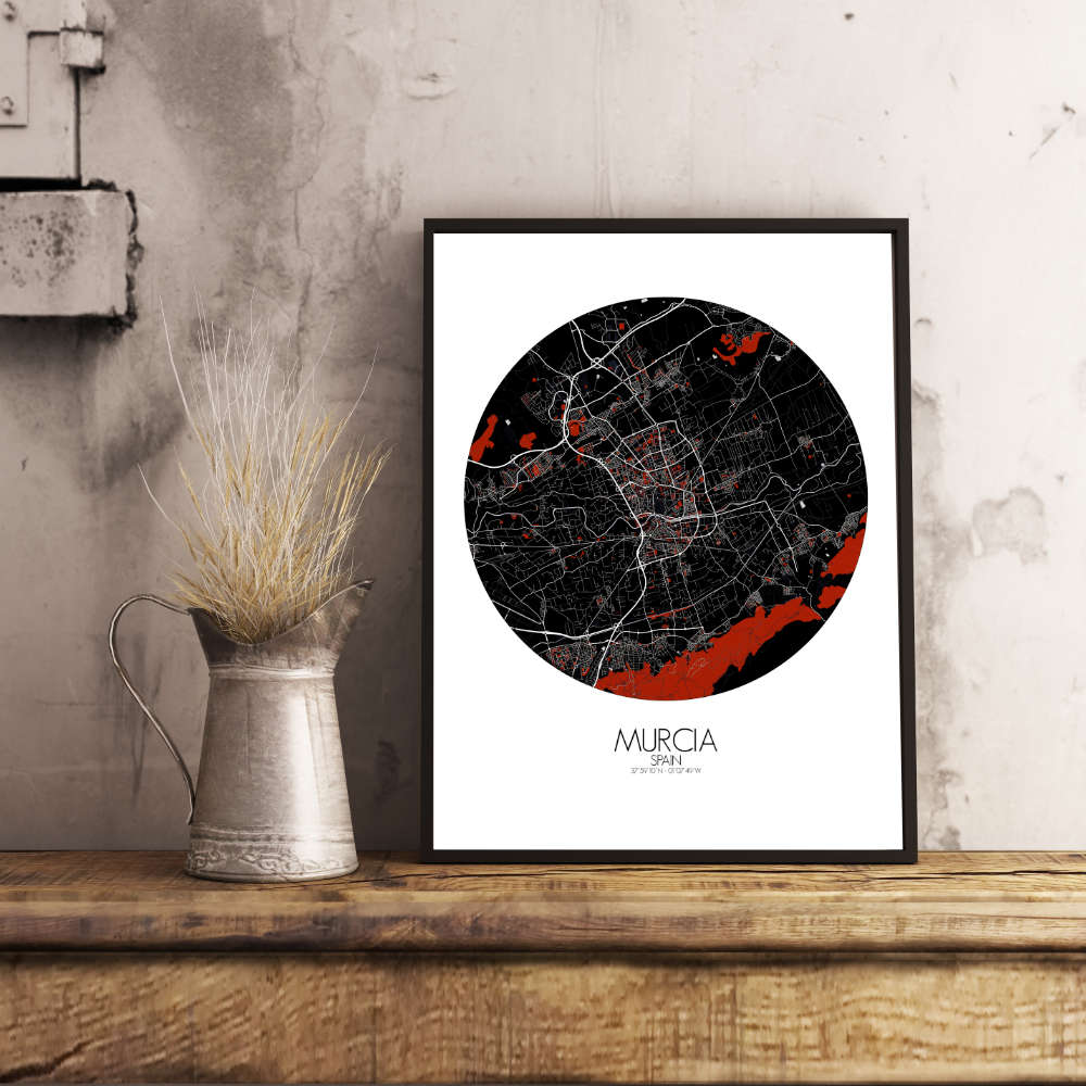 Mapospheres Murcia Red dark round shape design poster affiche city map