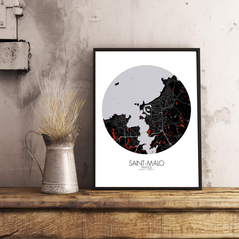 Mapospheres Saint Malo Red dark round shape design poster city map