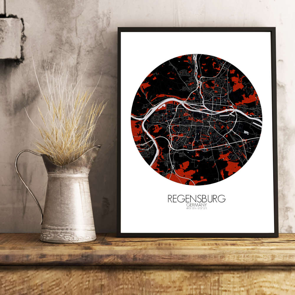 Mapospheres Regensburg Red dark round shape design poster city map