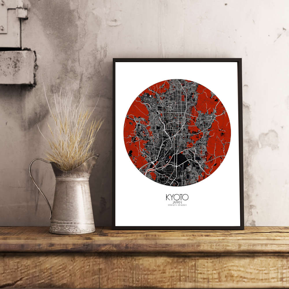 Mapospheres Kyoto Red dark round shape design poster city map