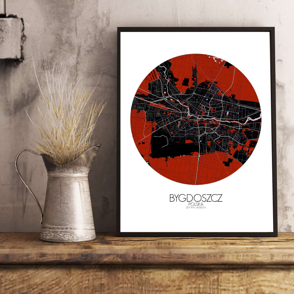 Mapospheres Bygdoszcz Red dark round shape design poster city map