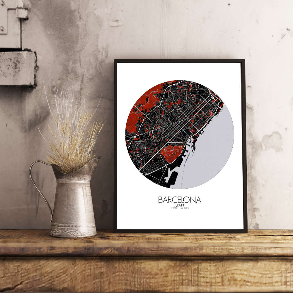 Mapospheres Barcelona Red dark round shape design poster affiche city map