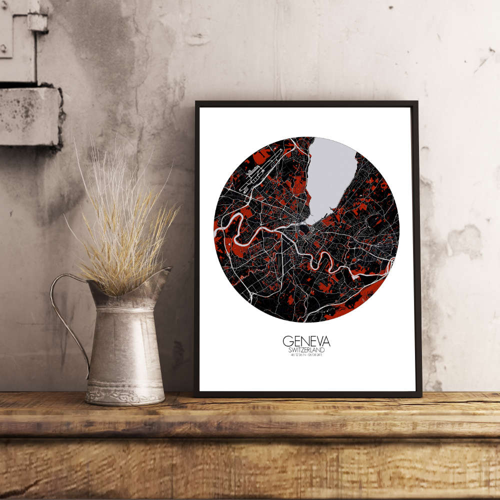 Mapospheres Geneva Red dark round shape design poster city map