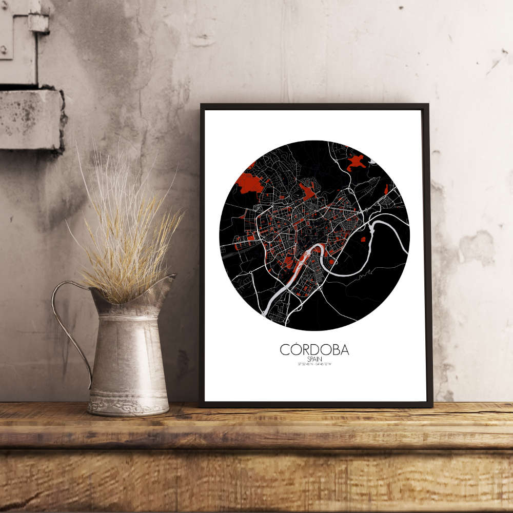 Mapospheres Cordoba Red dark round shape design poster affiche city map